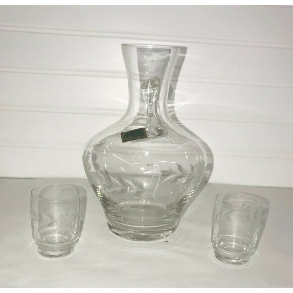VINTAGE GLAS Carafe LAUSITZER GERMANY with Pips - cups - Etched - Picture 1 of 8